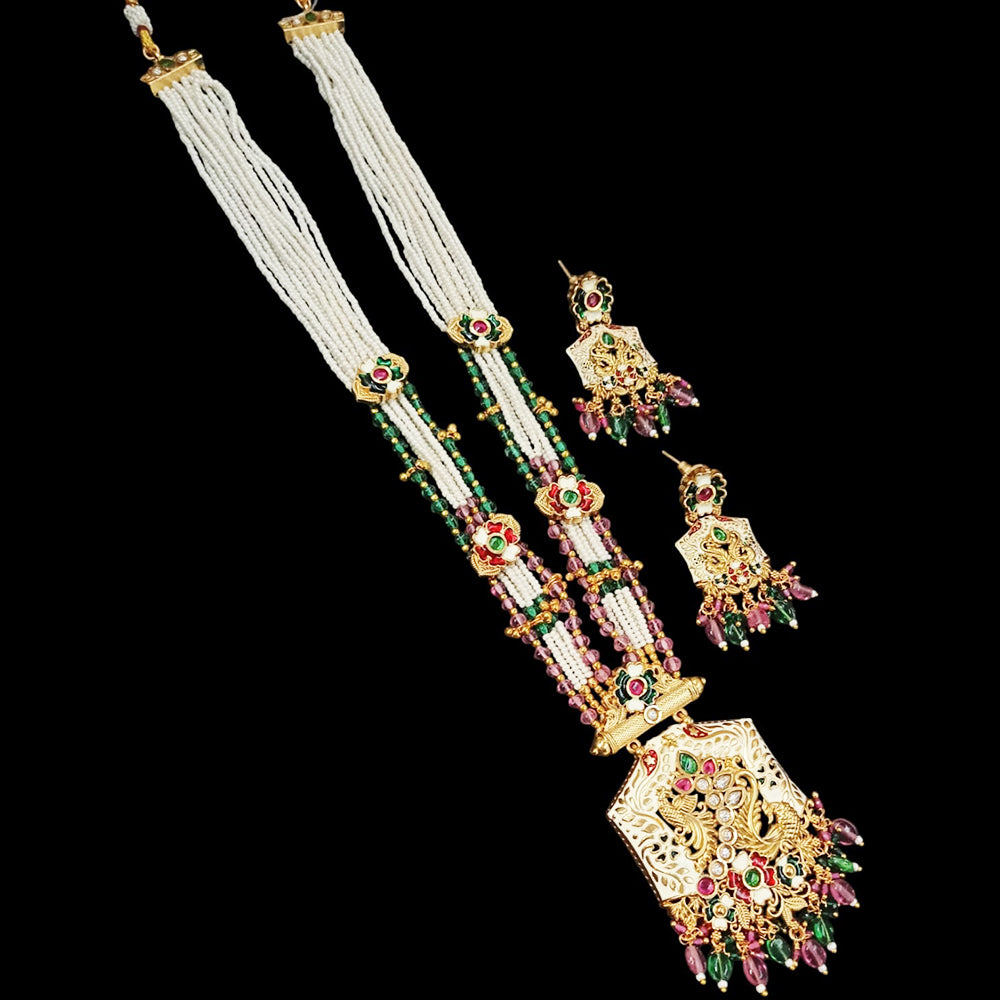 NAFJ Gold Plated Pota Stone & Beads Long Meenakari Necklace Set