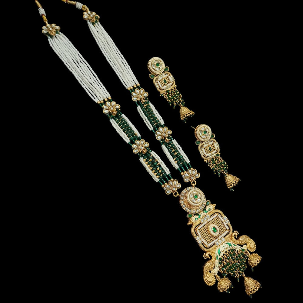 NAFJ Gold Plated Pota Stone & Beads Long Meenakari Necklace Set