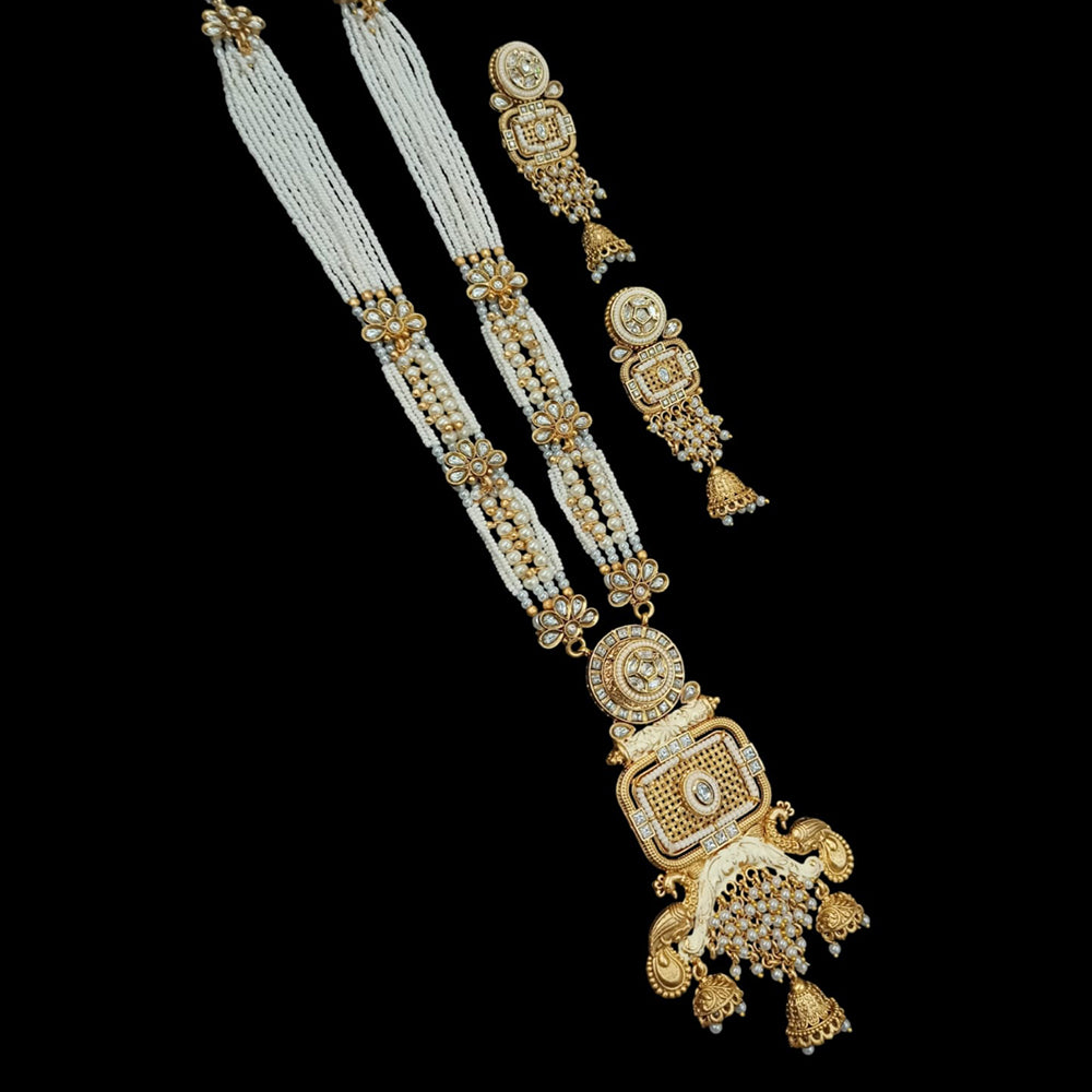 NAFJ Gold Plated Pota Stone & Beads Long Meenakari Necklace Set