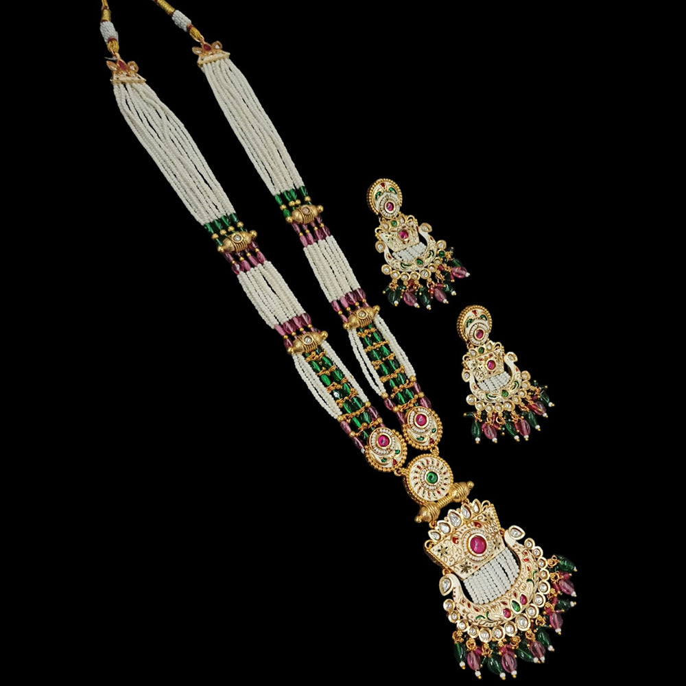 NAFJ Gold Plated Pota Stone & Beads Long Meenakari Necklace Set