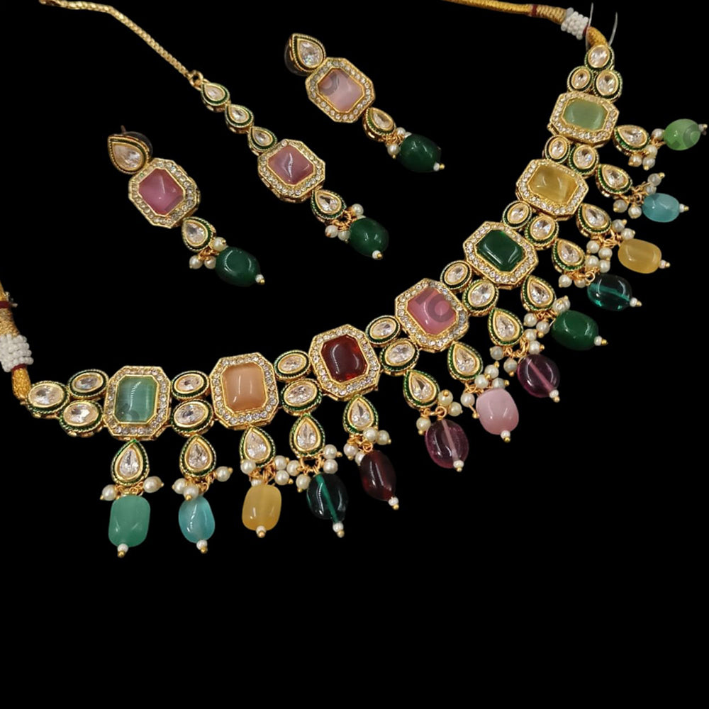 NAFJ Gold Plated Crystal Stone And Beads Necklace Set
