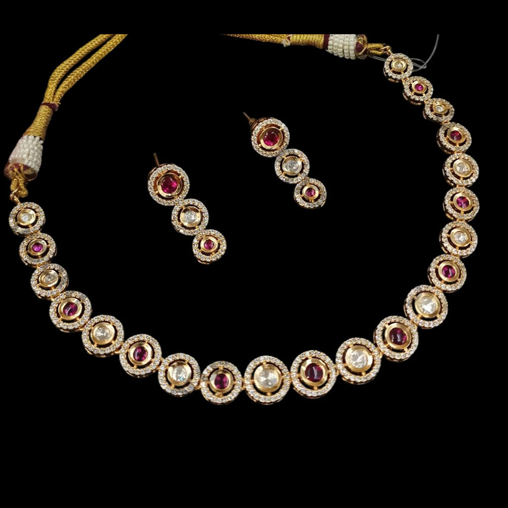 NAFJ Gold Plated Polki Kundan Stone Necklace Set