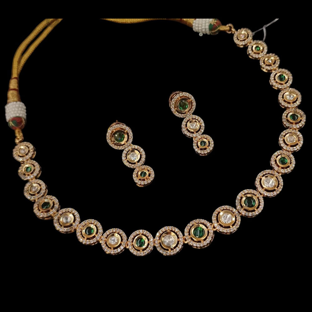 NAFJ Gold Plated Polki Kundan Stone Necklace Set