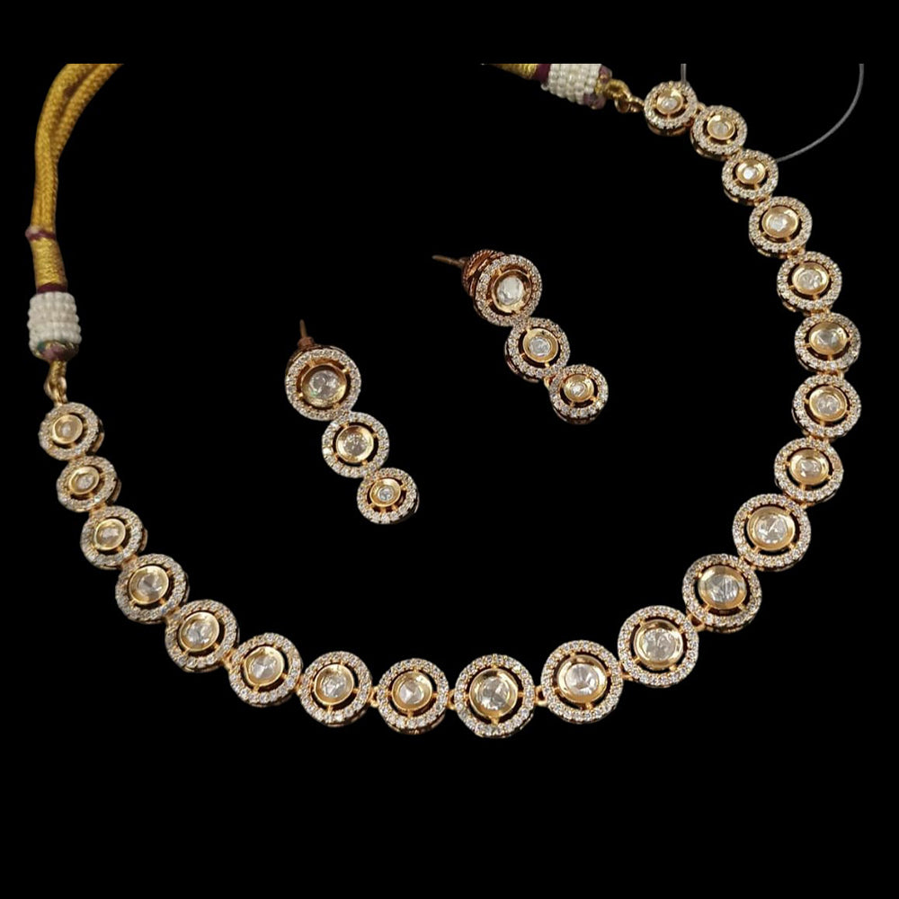 NAFJ Gold Plated Polki Kundan Stone Necklace Set