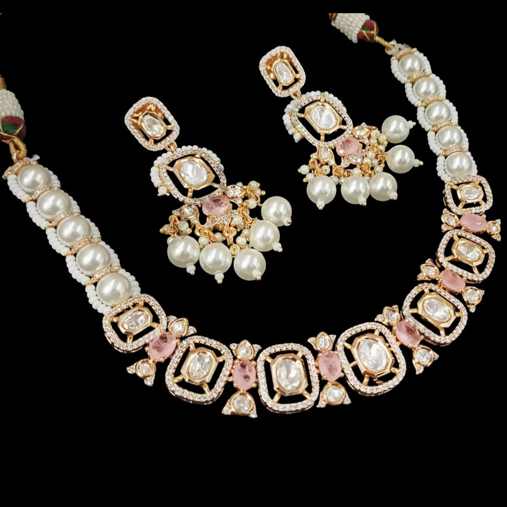NAFJ Gold Plated Polki Kundan Stone And Beads Necklace Set