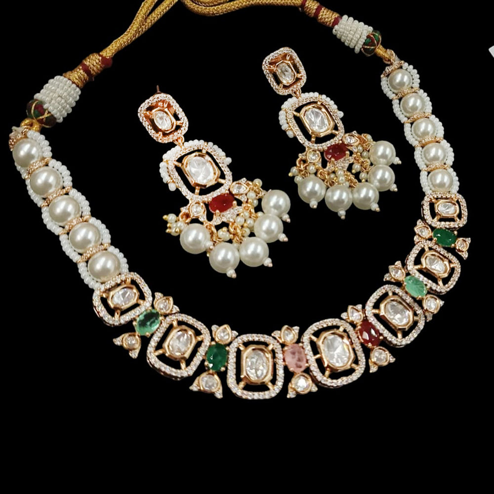 NAFJ Gold Plated Polki Kundan Stone And Beads Necklace Set