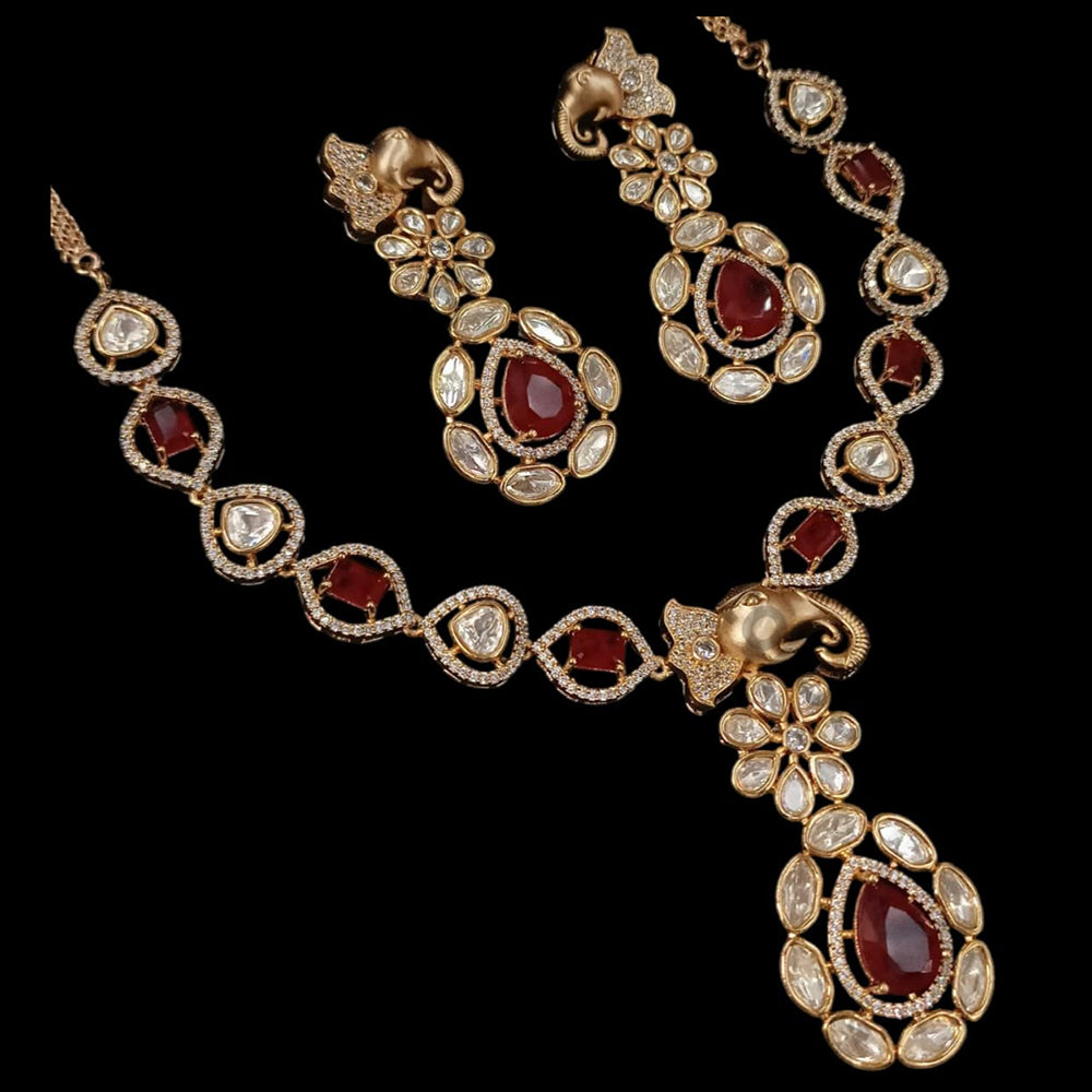 NAFJ Gold Plated Polki Kundan Stone Necklace Set