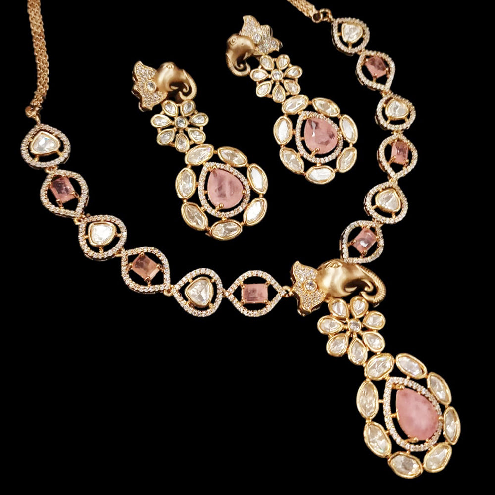 NAFJ Gold Plated Polki Kundan Stone Necklace Set