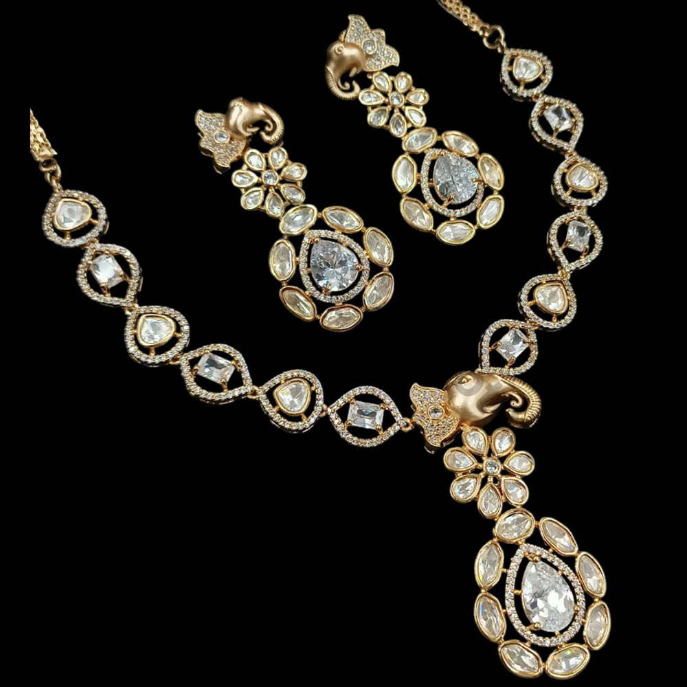 NAFJ Gold Plated Polki Kundan Stone Necklace Set