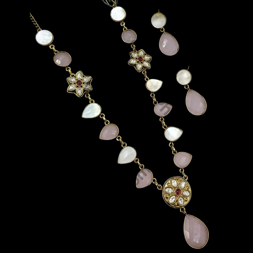 NAFJ Gold Plated Kundan Stone And Crystal Stone Necklace Set