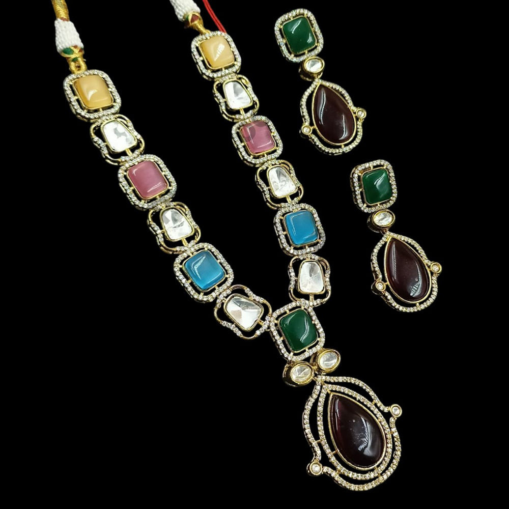 NAFJ Gold Plated Polki Kundan Stone Necklace Set