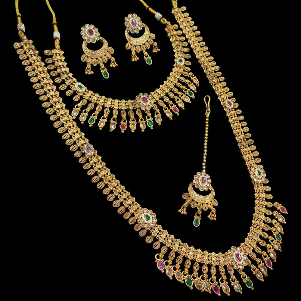 NAFJ Gold Plated Crystal Stone And Beads Double Necklace Set