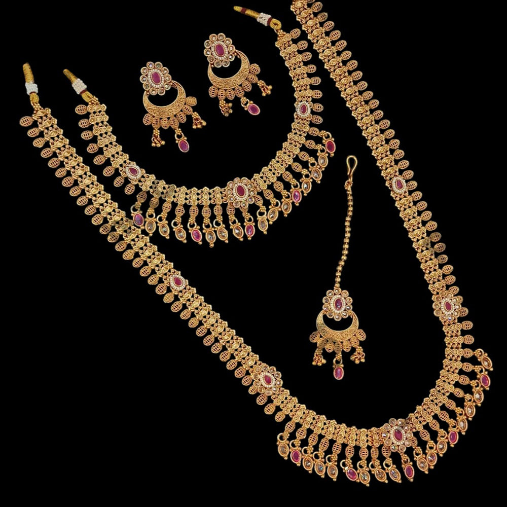 NAFJ Gold Plated Crystal Stone And Beads Double Necklace Set