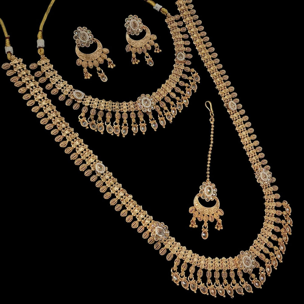 NAFJ Gold Plated Crystal Stone And Beads Double Necklace Set