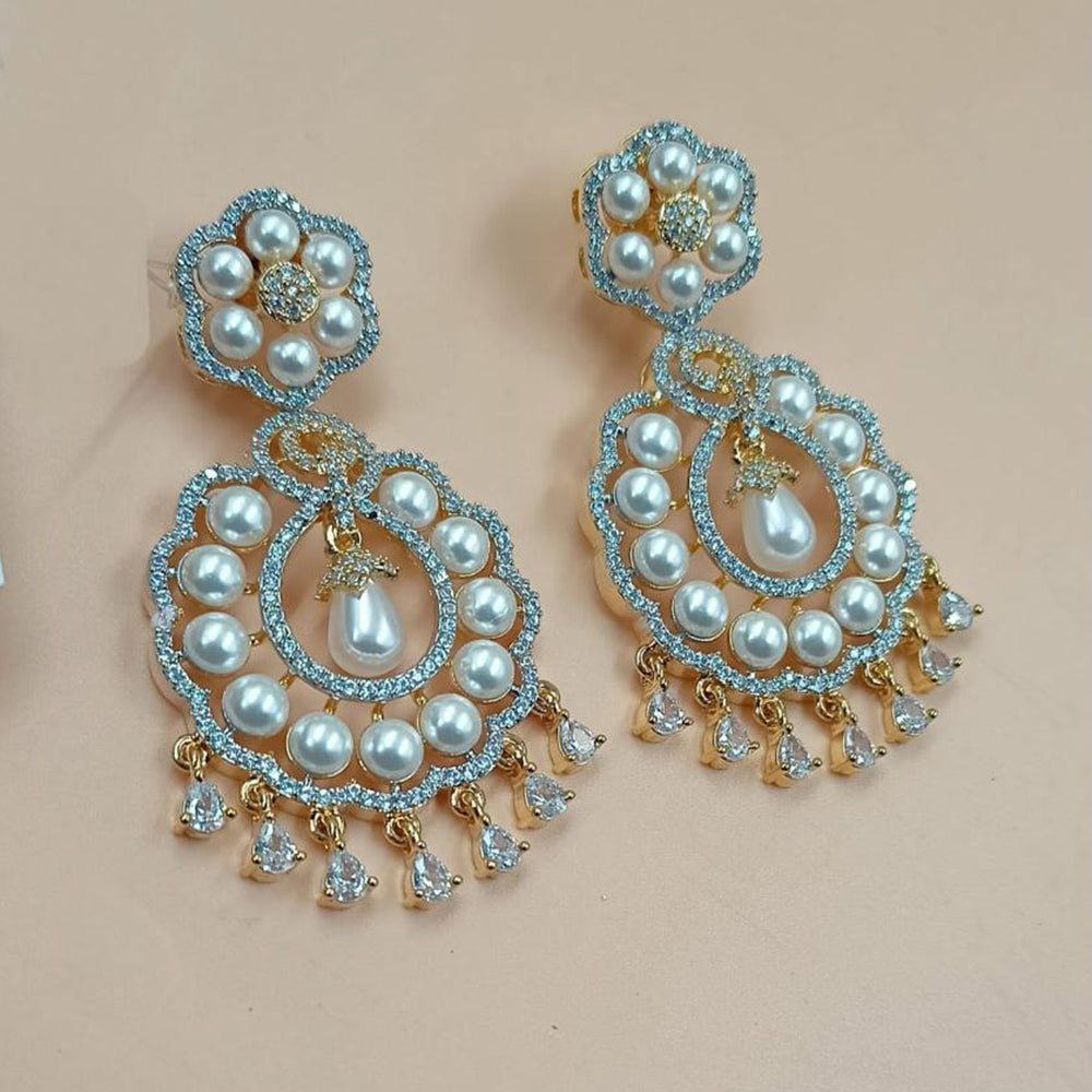 NAFJ Gold Plated American Diamonds And Pearls Dangler Earrings