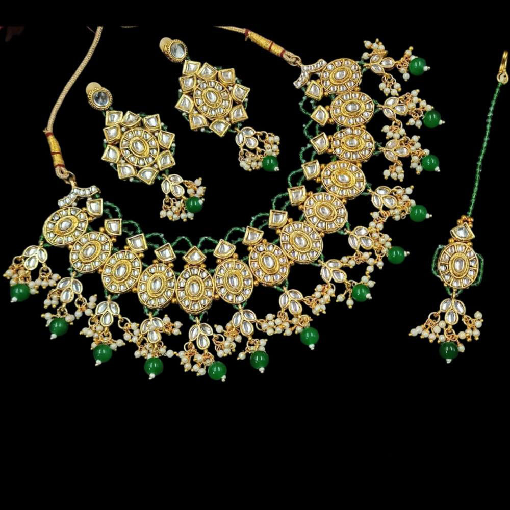 NAFJ Gold Plated Kundan Stone Pearl And Beads Necklace Set