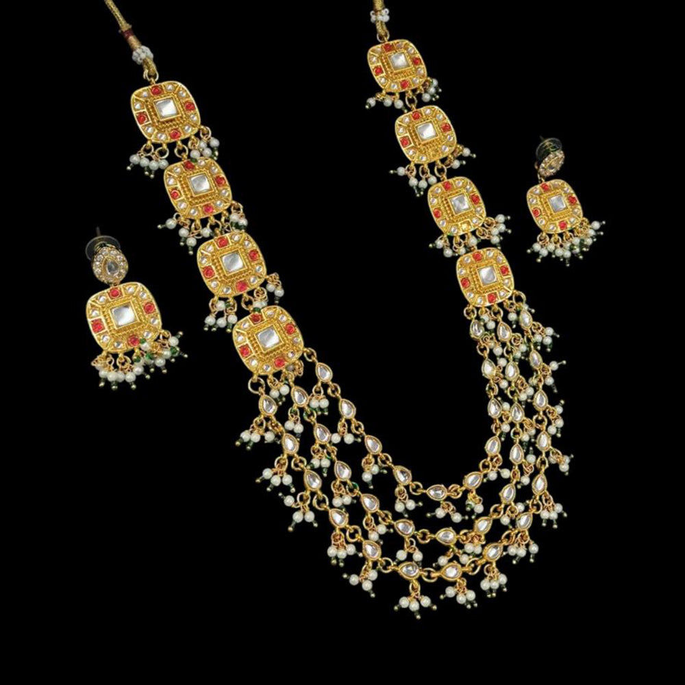 NAFJ Gold Plated Kundan Stone And Pearl Necklace Set