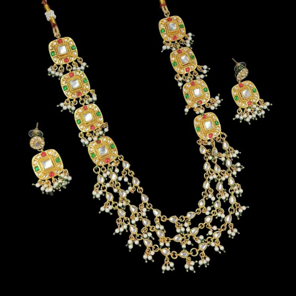 NAFJ Gold Plated Kundan Stone And Pearl Necklace Set