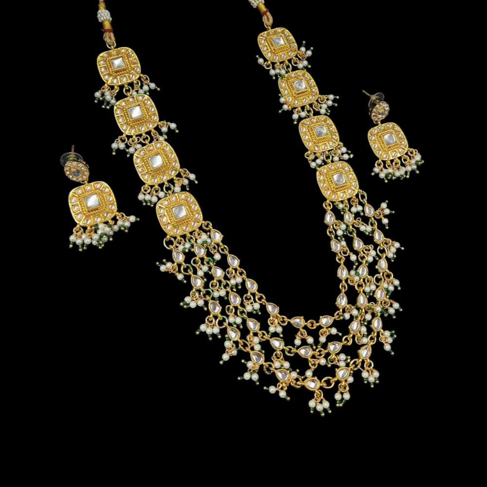 NAFJ Gold Plated Kundan Stone And Pearl Necklace Set