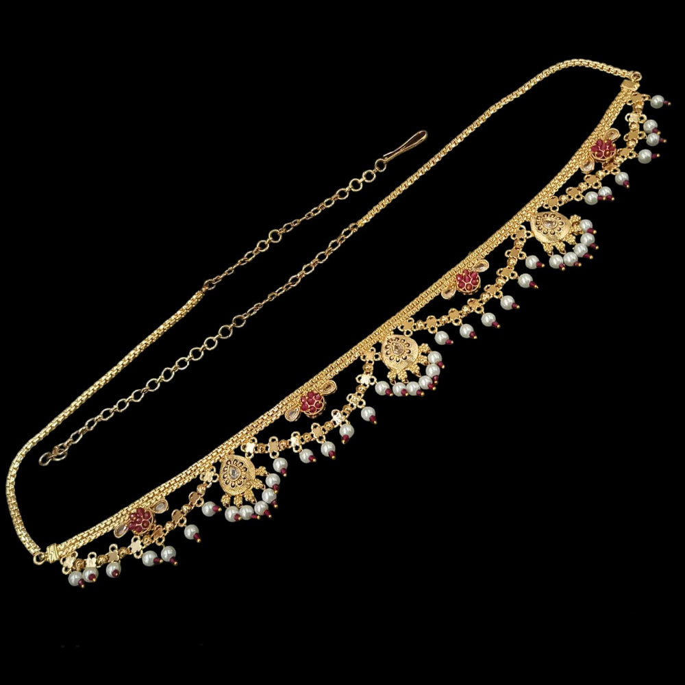 NAFJ Gold Plated Crystal Stone And Pearls Kamarbandh