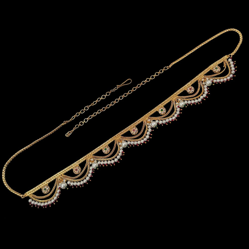 NAFJ Gold Plated Crystal Stone And Pearls Kamarbandh