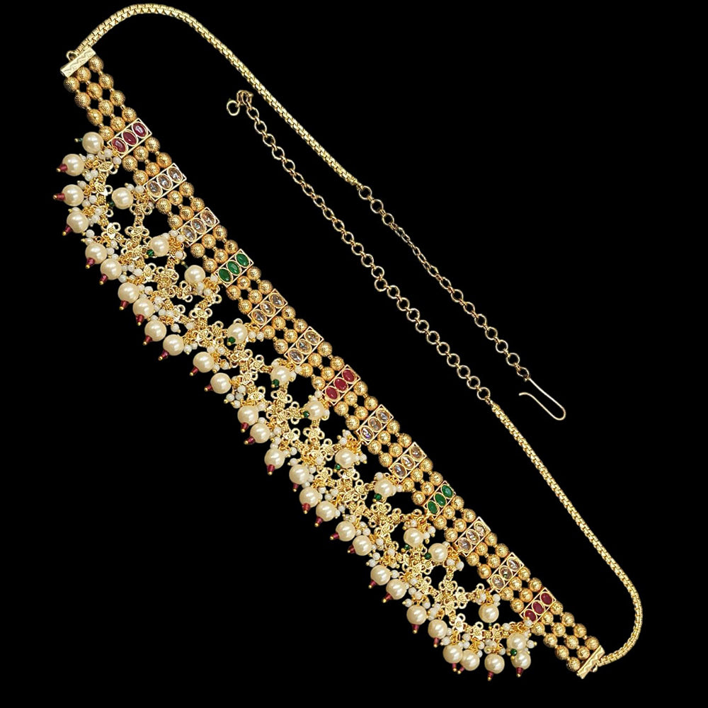 NAFJ Gold Plated Crystal Stone And Pearls Kamarbandh