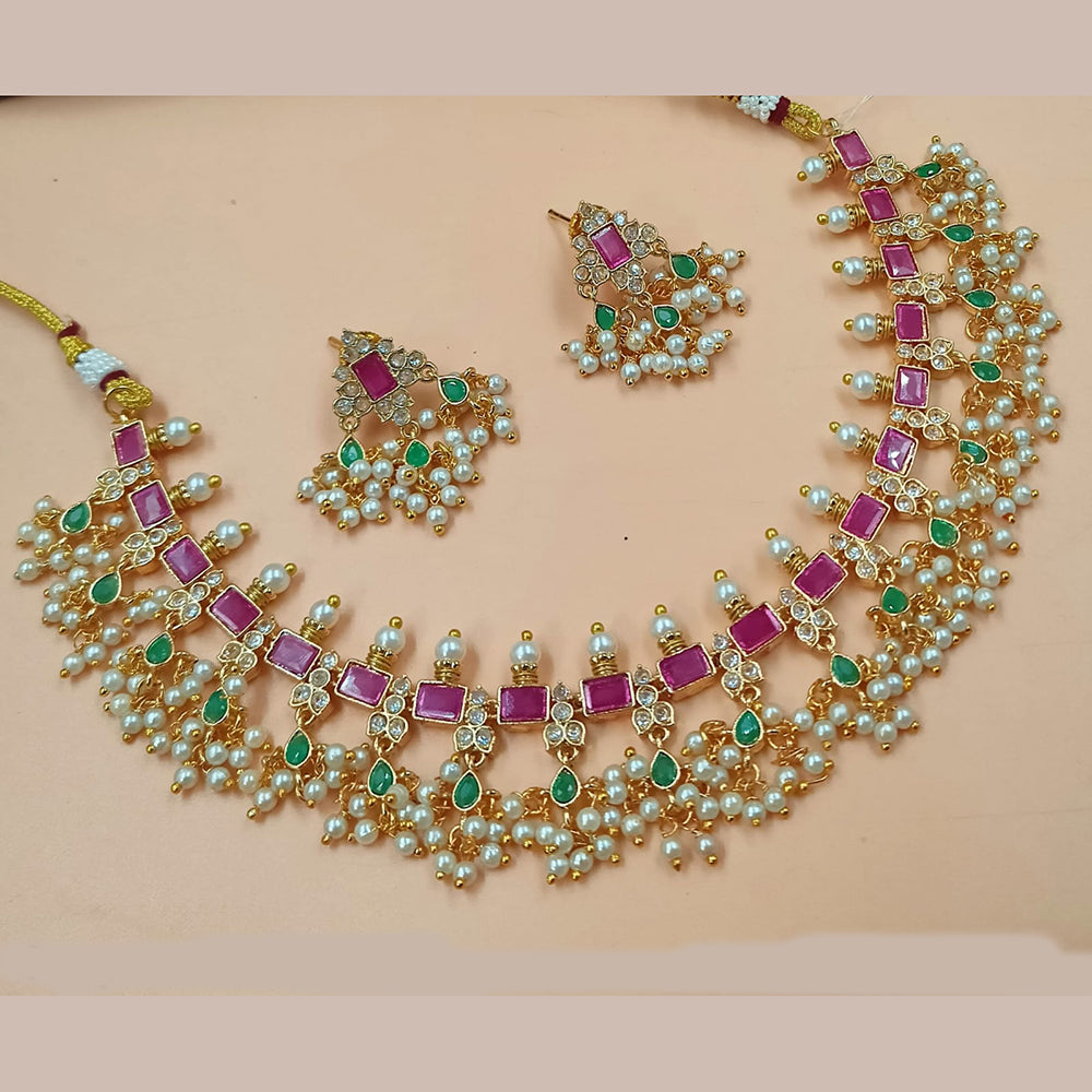 NAFJ Gold Plated Crystal Stone And Beads Necklace Set