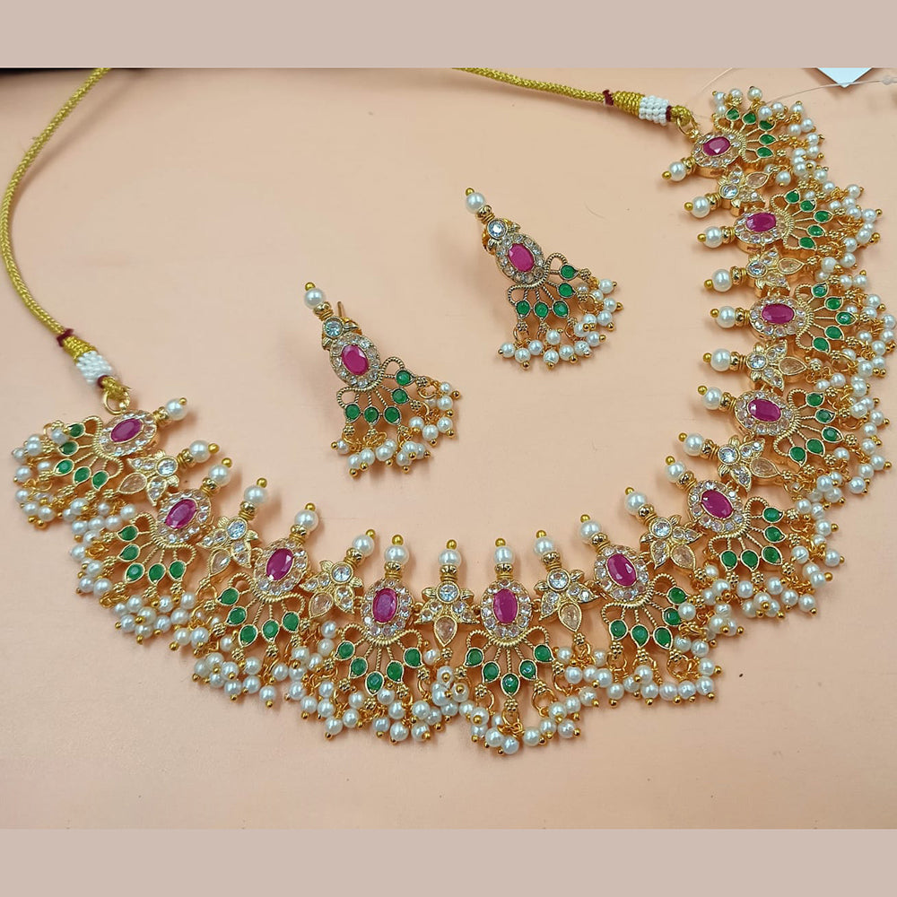 NAFJ Gold Plated Crystal Stone And Beads Necklace Set