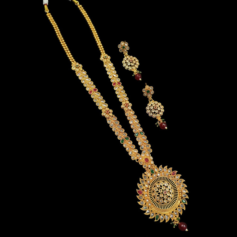 NAFJ Gold Plated Crystal Stone And Beads Long Necklace Set
