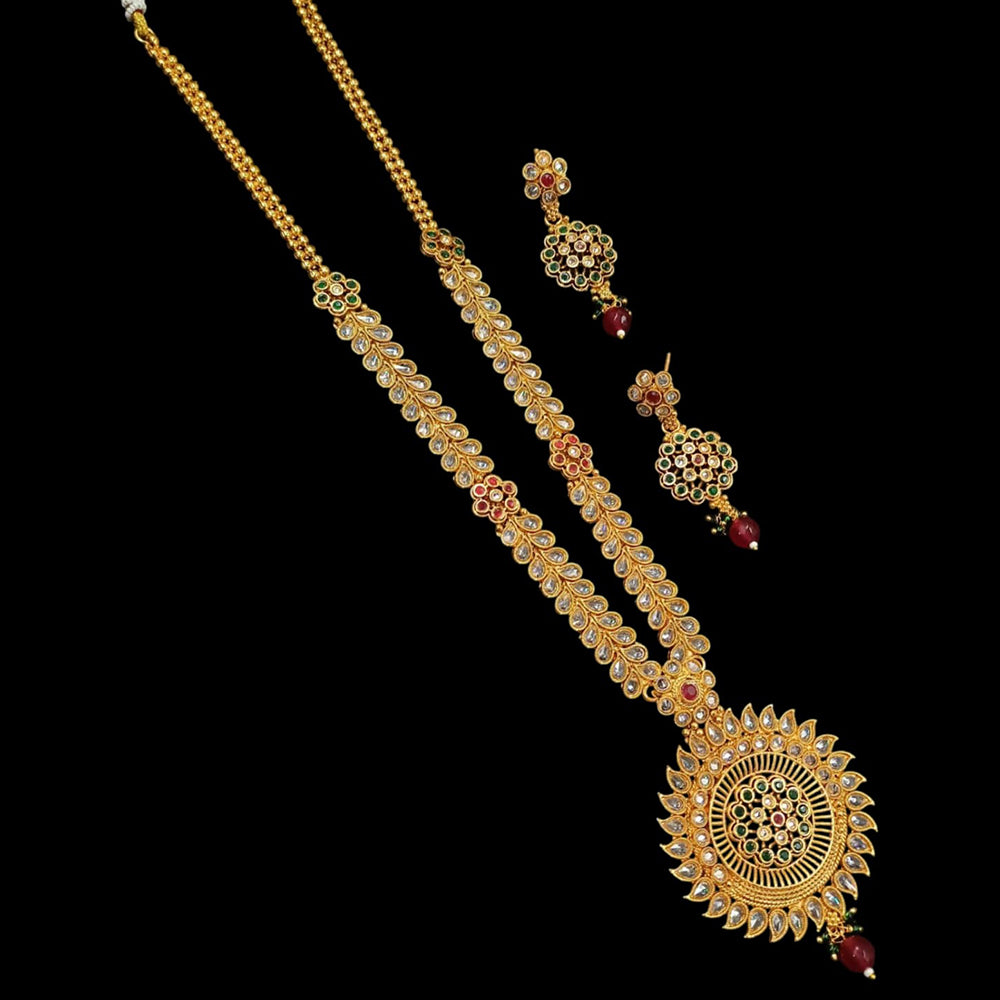 NAFJ Gold Plated Crystal Stone And Beads Long Necklace Set