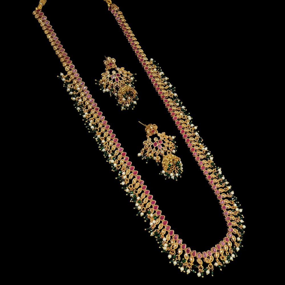 NAFJ Gold Plated Crystal Stone And Beads Long Necklace Set