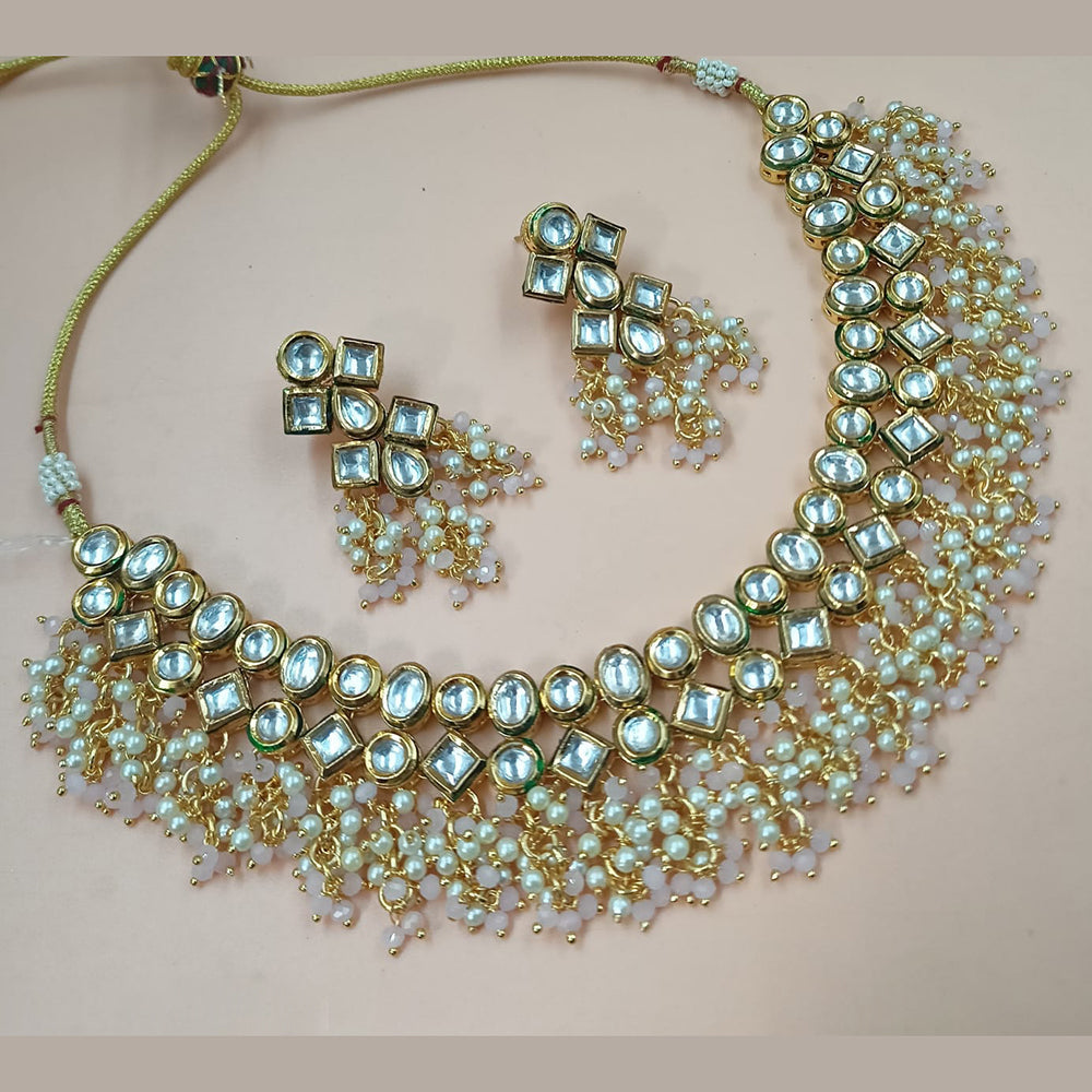 NAFJ Gold Plated Kundan Stone And Pearl Necklace Set