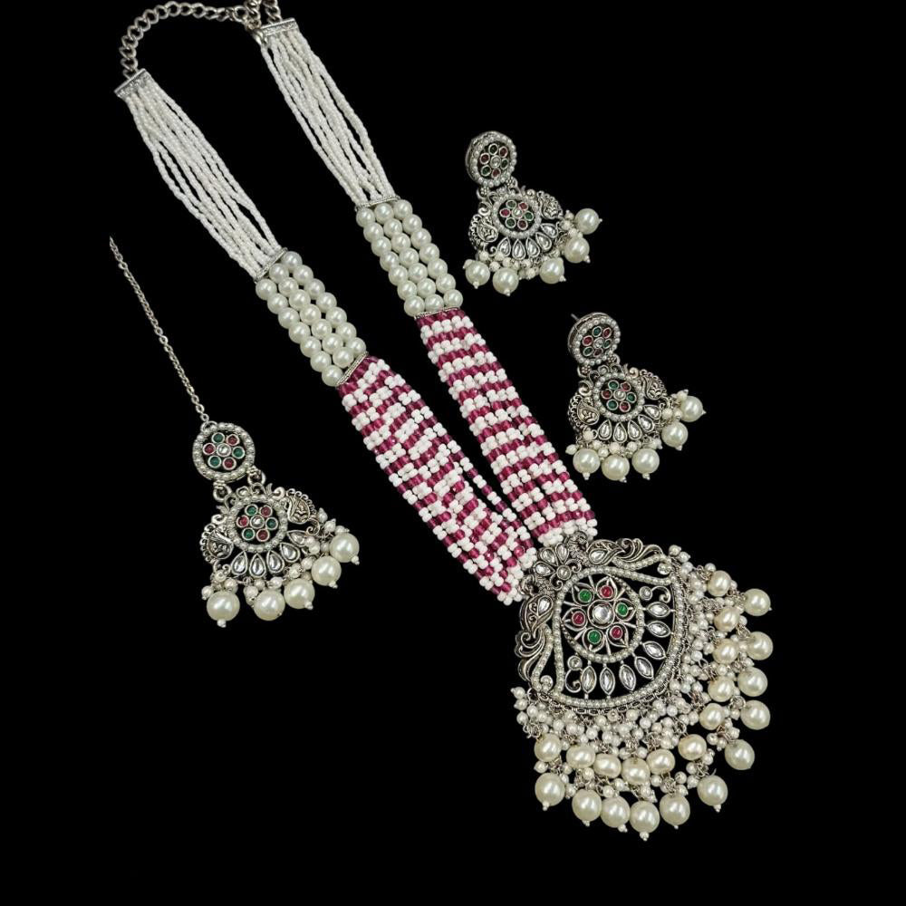 NAFJ Silver Plated Kundan Stone And Pearl Long Necklace Set