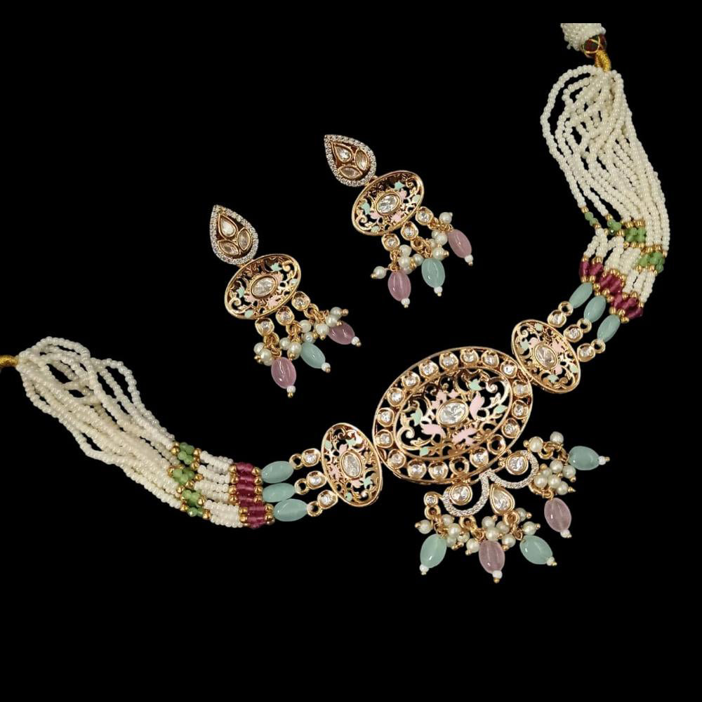 NAFJ Gold Plated Polki Kundan Stone And Pearl Choker Necklace Set