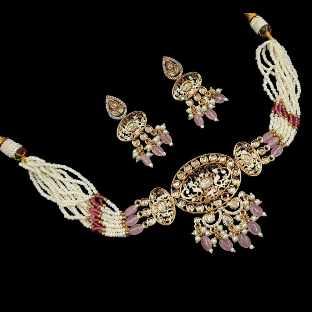 NAFJ Gold Plated Polki Kundan Stone And Pearl Choker Necklace Set