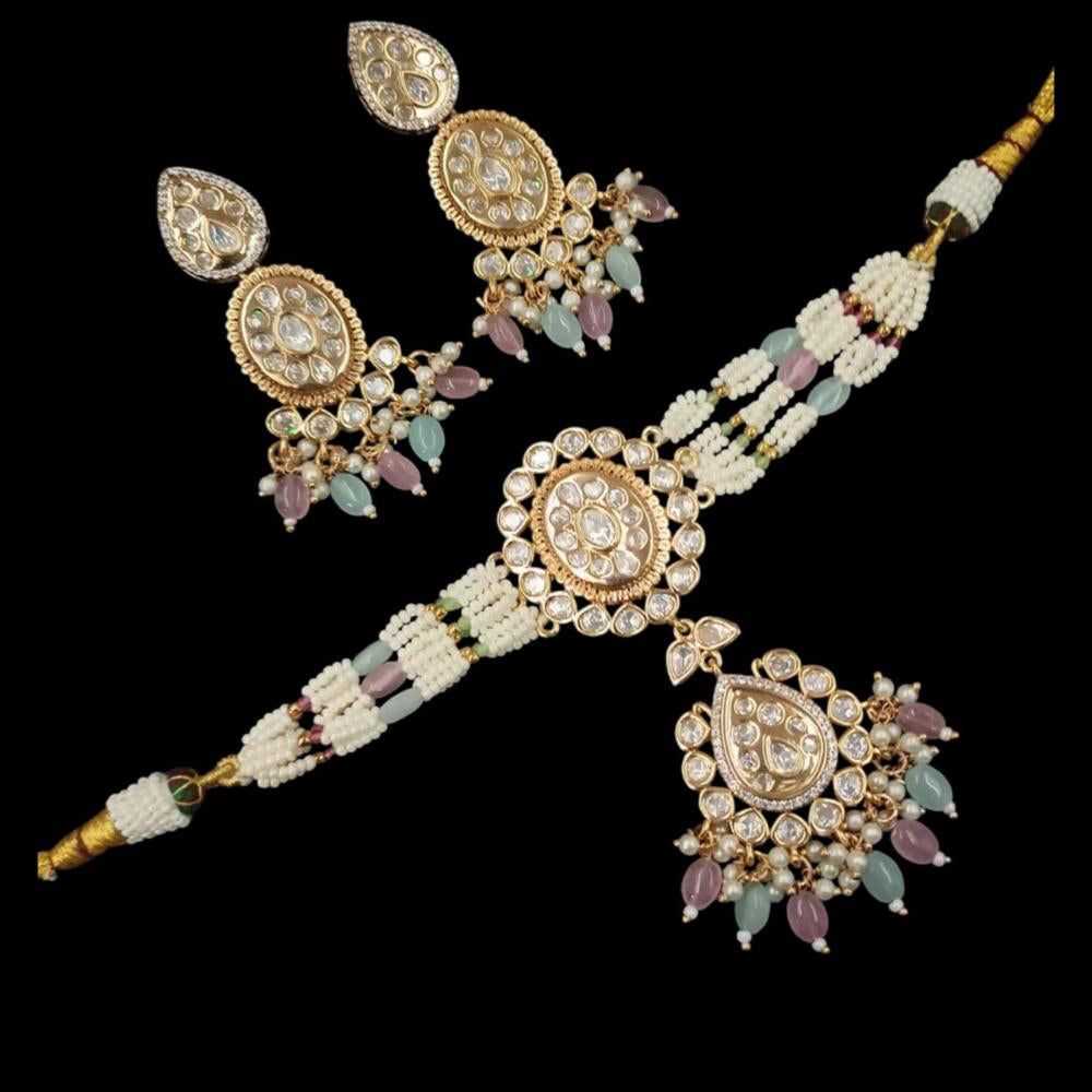 NAFJ Gold Plated Polki Kundan Stone And Pearl Choker Necklace Set
