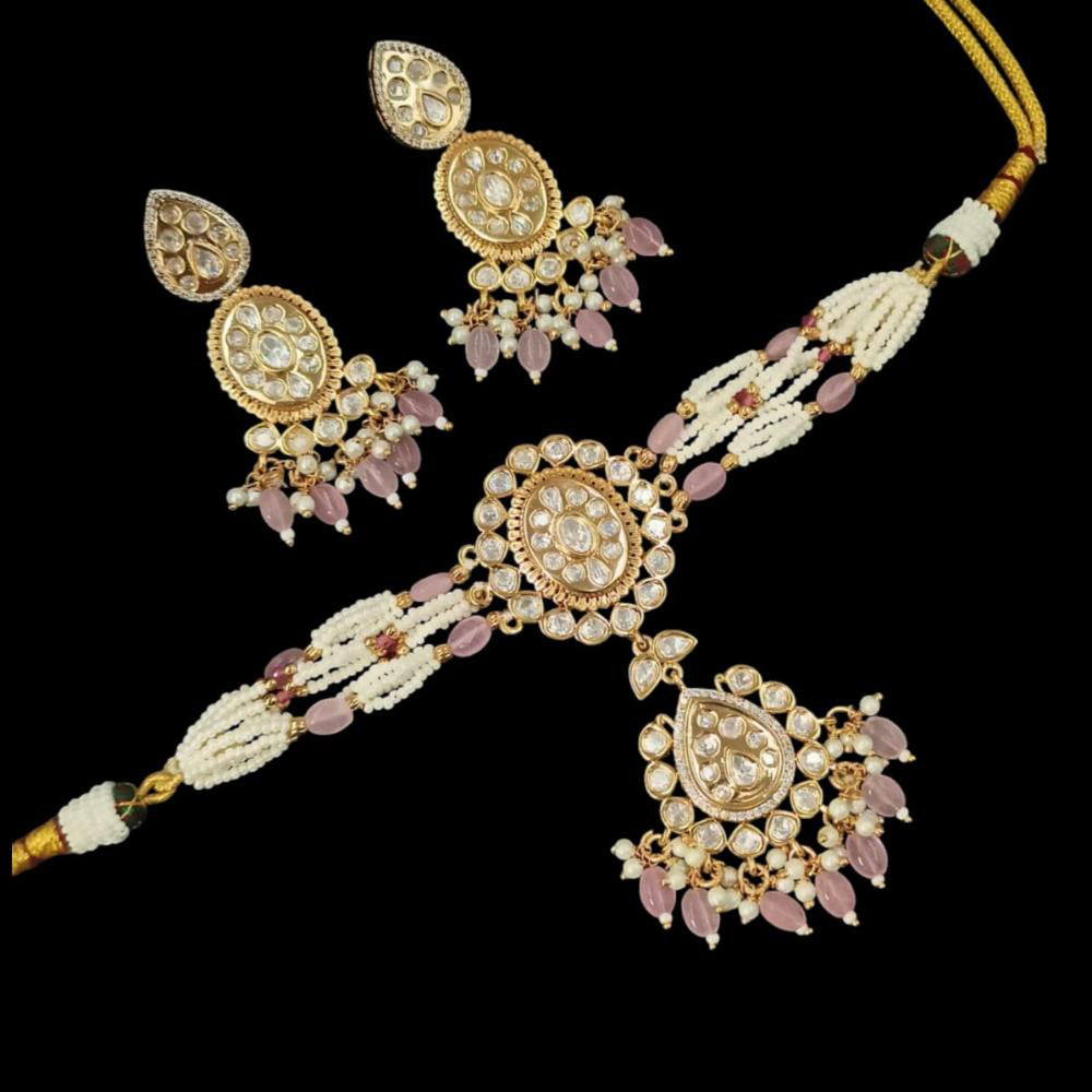 NAFJ Gold Plated Polki Kundan Stone And Pearl Choker Necklace Set