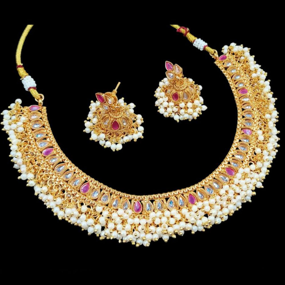 NAFJ Copper Gold Plated Pota Stone And Pearl  Necklace Set