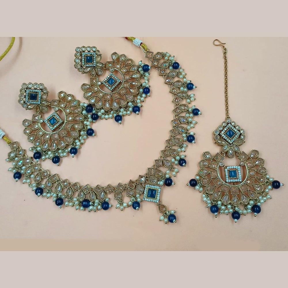 NAFJ Mehndi Plated Crystal Stone And Pearl Necklace Set