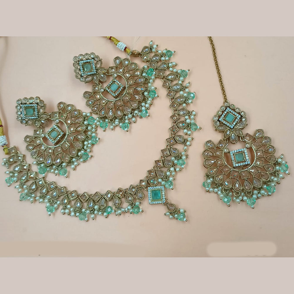 NAFJ Mehndi Plated Crystal Stone And Pearl Necklace Set