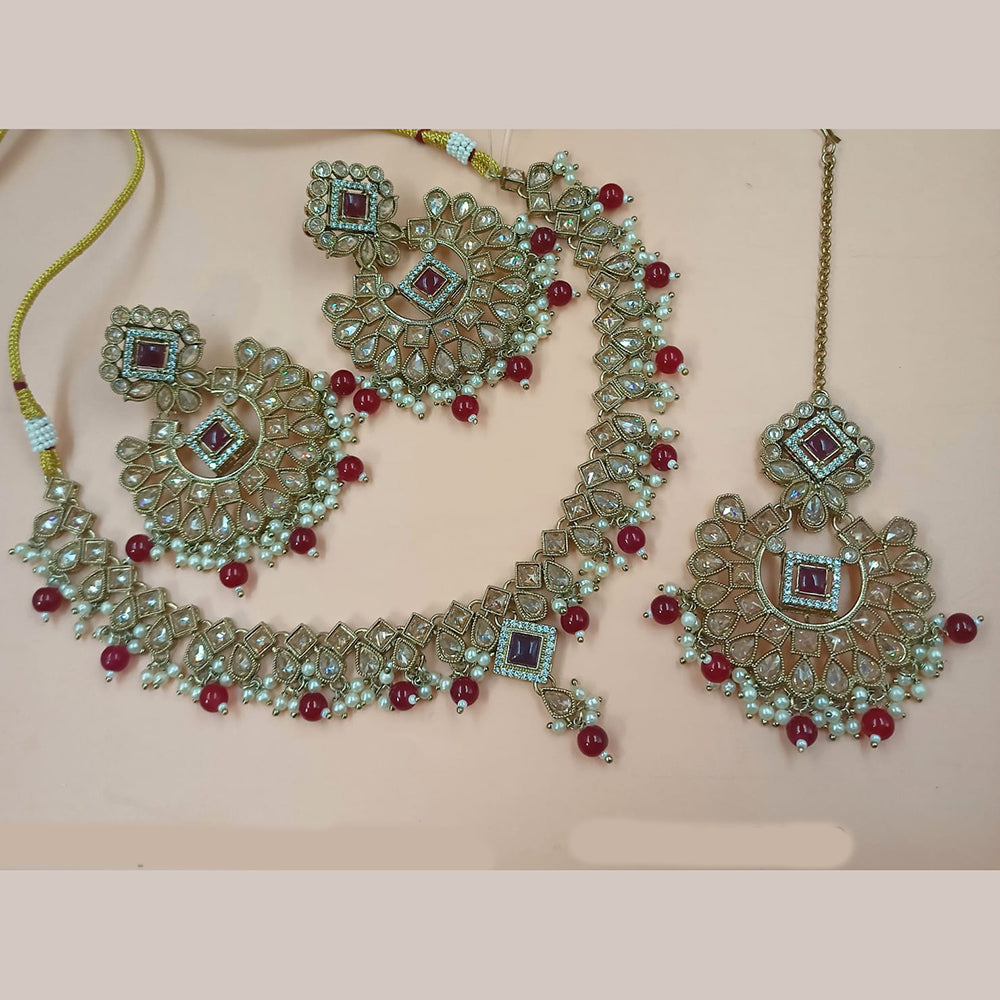 NAFJ Mehndi Plated Crystal Stone And Pearl Necklace Set