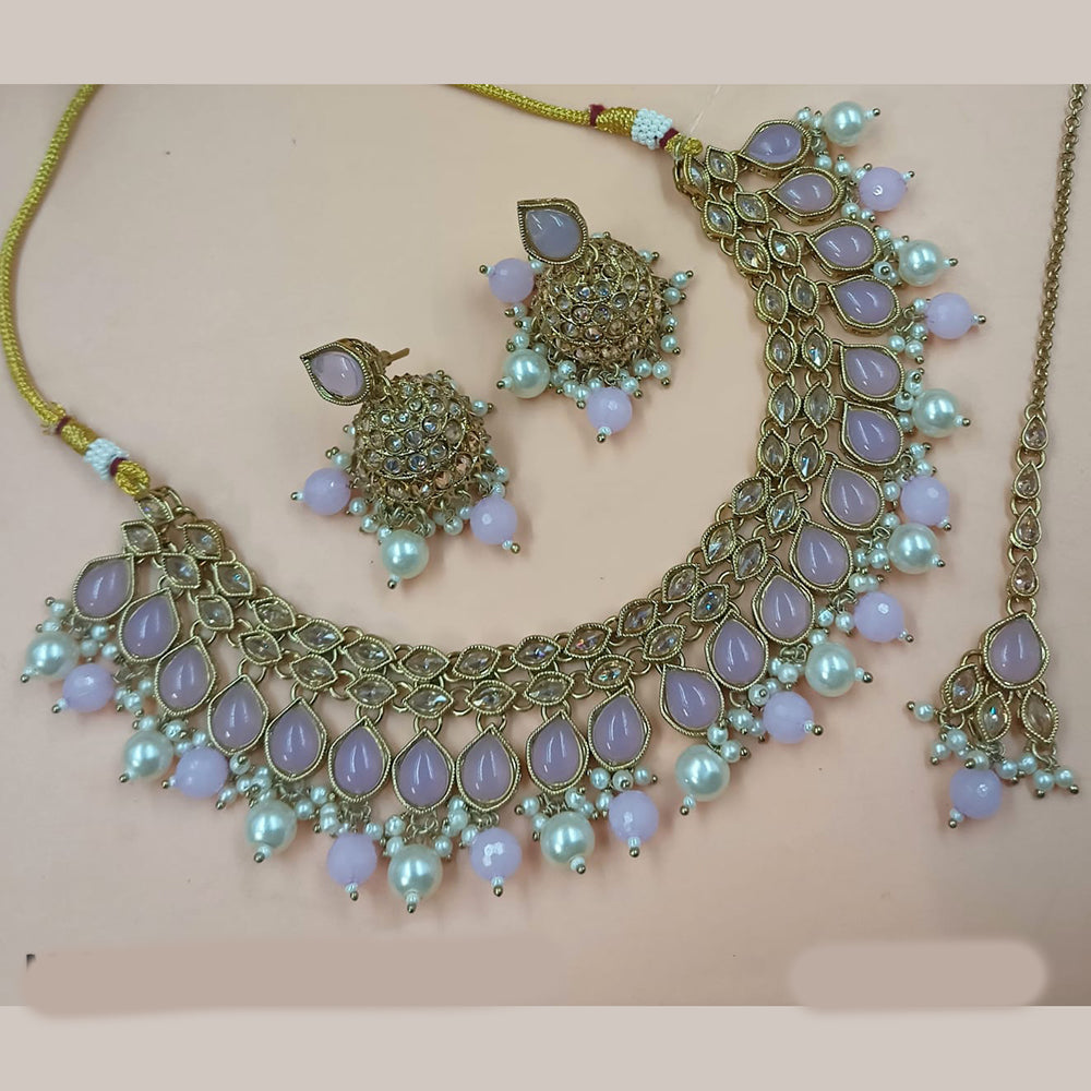 NAFJ Mehndi Plated Crystal Stone And Pearl Necklace Set