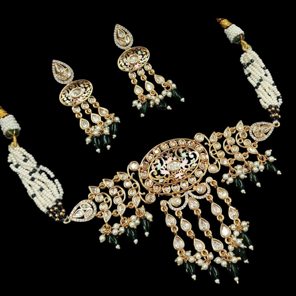 NAFJ Gold Plated Polki Kundan Stone And Beads Choker Necklace Set
