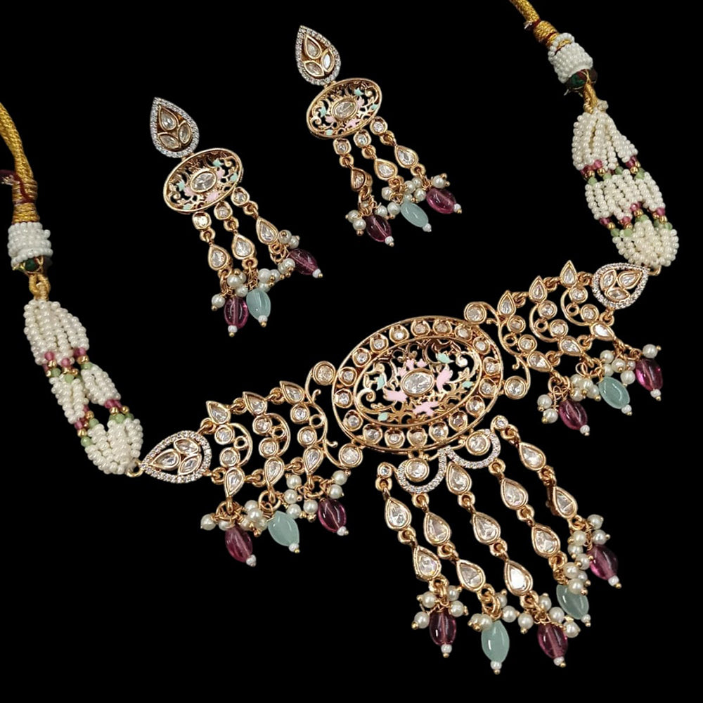 NAFJ Gold Plated Polki Kundan Stone And Beads Choker Necklace Set