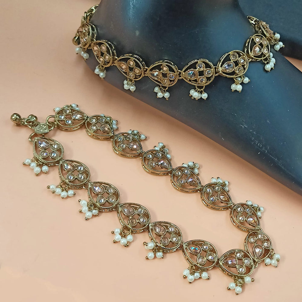 NAFJ Gold Plated Crystal Stone And Pearl Payal / Anklet