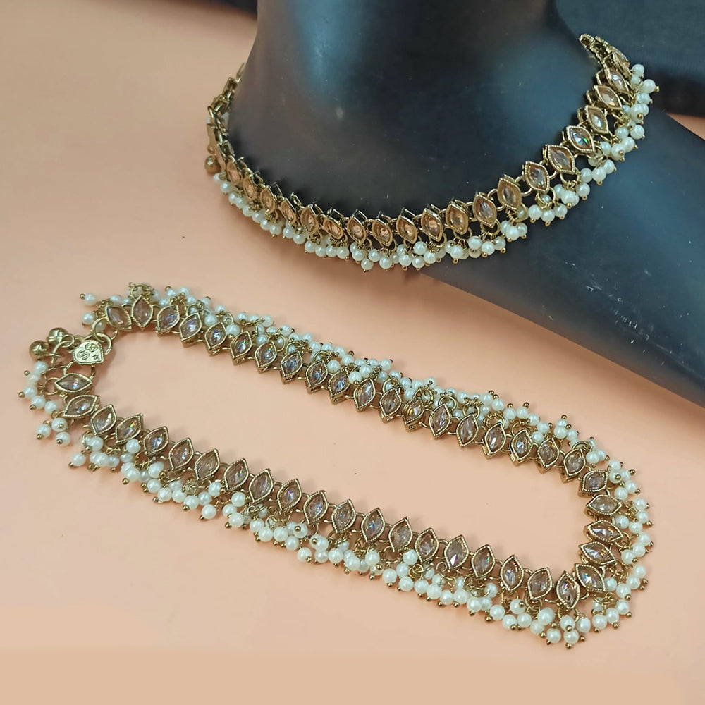 NAFJ Gold Plated Crystal Stone And Pearl Payal / Anklet