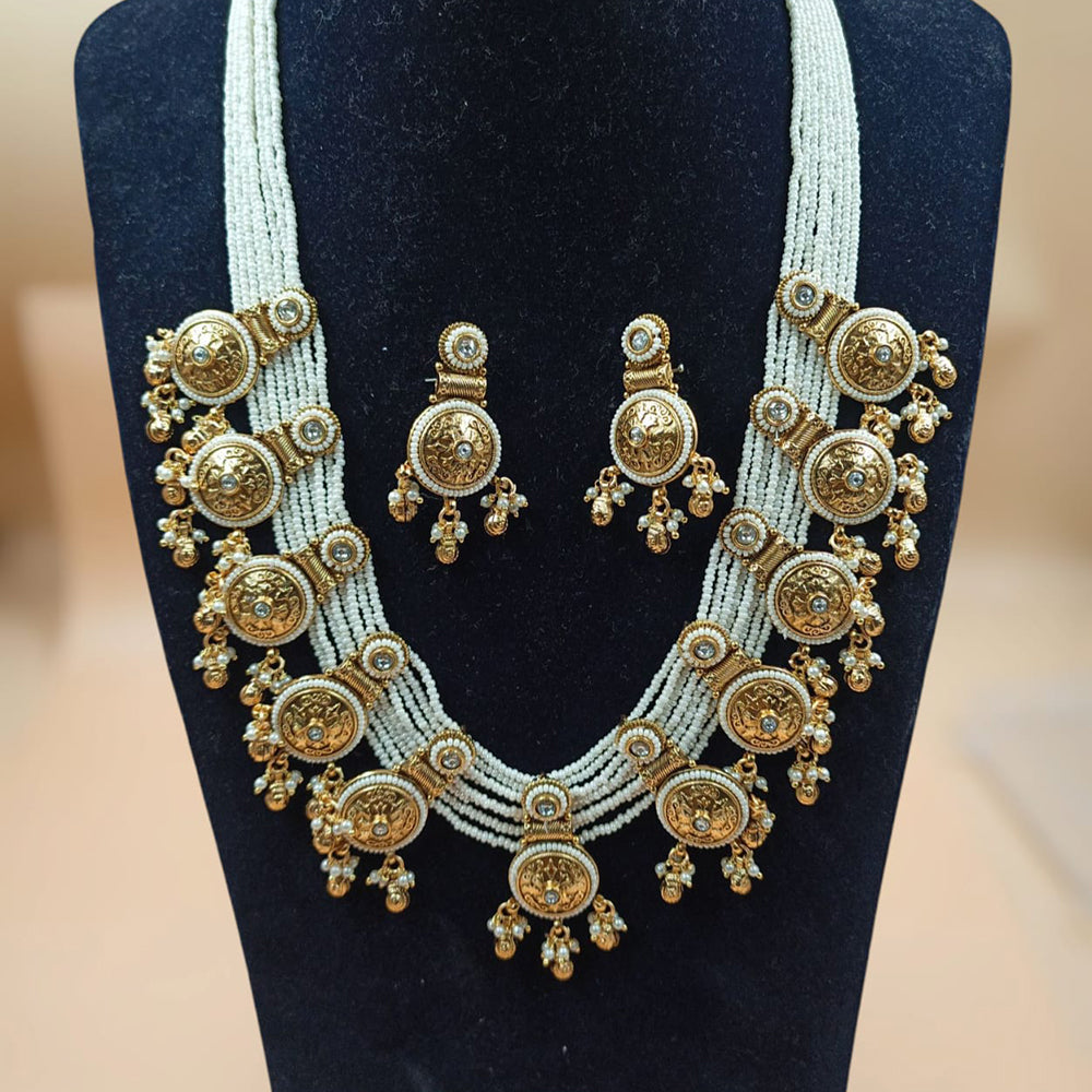 NAFJ Gold Plated Pota Stone And Pearl Long Necklace Set
