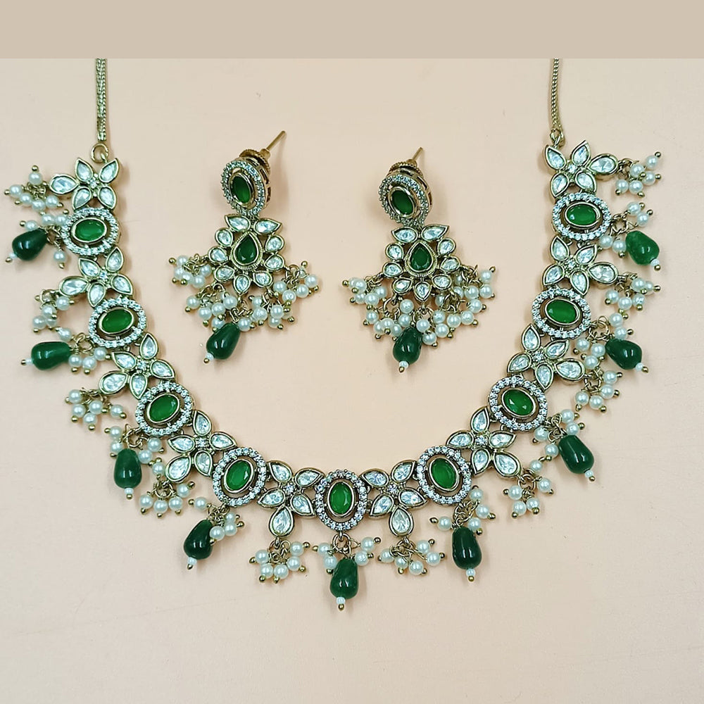 NAFJ Gold Plated Polki Kundan Stone And Beads Necklace Set
