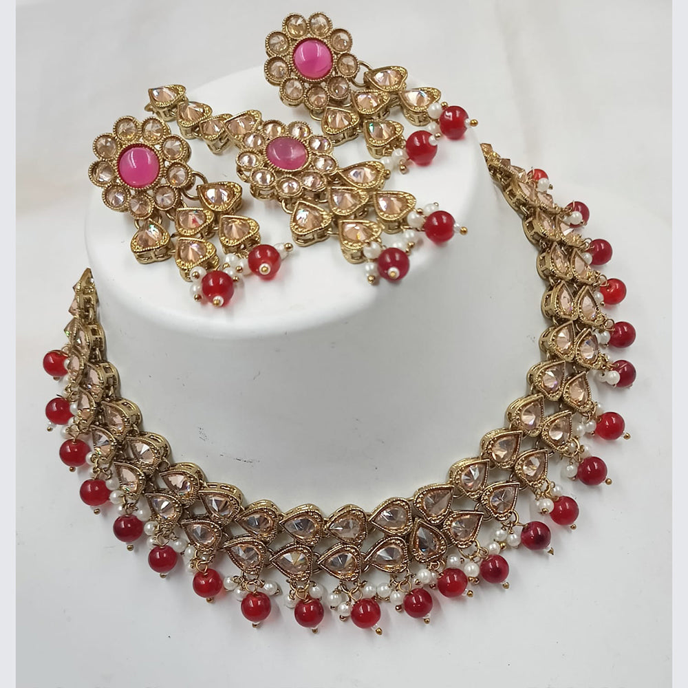NAFJ Gold Plated Crystal Stone And Beads Necklace Set