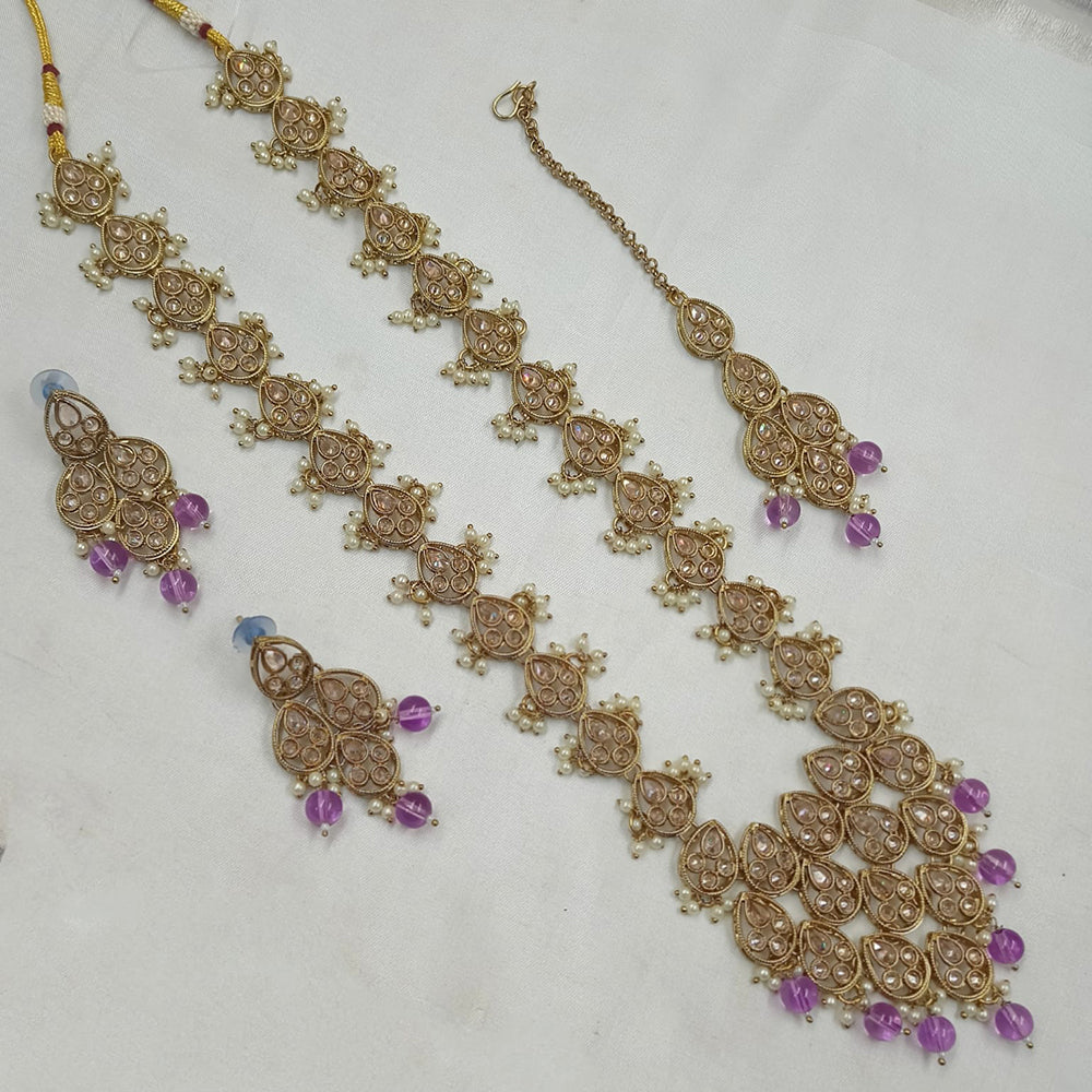 NAFJ Gold Plated Crystal Stone And Beads Long Necklace Set